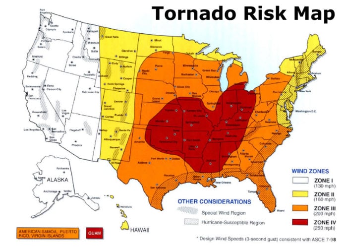 US tornado alley maps show the tornado risk regions in the USA