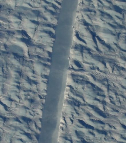 Scientists just found a strange and worrying crack in one of Greenland biggest glaciers, NASA just snapped the first photos of a mysterious crack in one of Greenland largest glaciers, NASA takes photos of crack in Greenland glacier, new giant crack greenland glacier, Preliminary DMS image of the new rift in Greenland’s Petermann Glacier, directly beneath the NASA Operation IceBridge aircraft. (Gary Hoffmann/NASA).