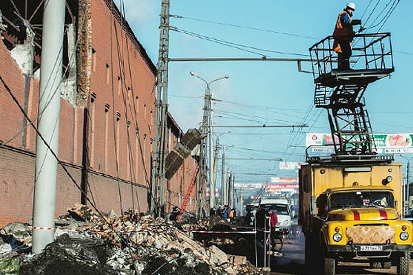 destruction of buildings after meteorite explosion in Siberia