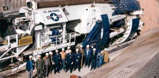 Photo of United States Air Force tunnel boring machine at Little Skull Mountain, Nevada, USA, December 1982