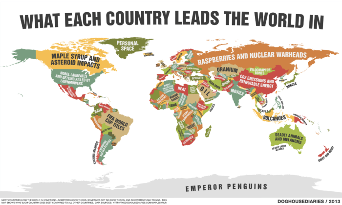 Strange Map Showing What Each Country Leads The World In, What Each Country Leads The World In map, map of What Each Country Leads The World In, each country is good at something, This cheeky map shows what each country leads the world in, map of leaders in the world