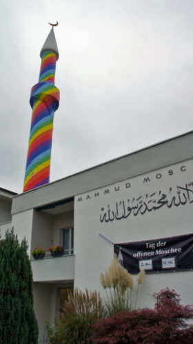 rainbow color on minaret of Zurich mosque, Mosque in Zurich coated with gay rainbow colors, gay and religion, muslim and gays, minaret and gays in switzerland, minaret in Zurich covered by rainbow colors, gay colors on minaret in Switzerland, gay flag on Zurich's minaret