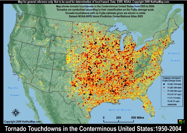 US tornado alley maps show the tornado risk regions in the USA