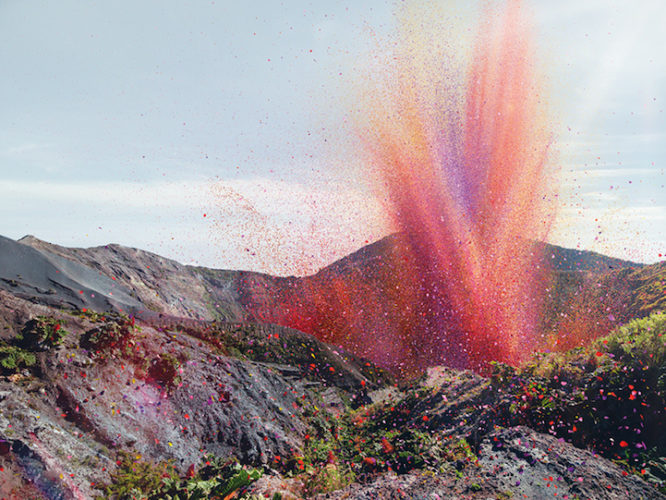 amazing ads: volcano spewing flowers, volcano spews flowers instead of lava, why is this volcano spewing flowers?, volcano spews flowers, flowers spewed by volcano, new sony ad: volcano spews flowwers instead on lava, 4K Ultra HD TV advertising: volcano spews petal flowers instead of lava 1