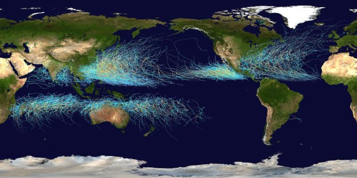 Hurricanes and typhoons are migrating from the tropics toward the North and South poles, migration of tropical storms to the poles, Hurricanes and typhoons are migrating from the tropics toward the North and South poles due to climate change, climate change consequence: Hurricanes and typhoons are migrating from the tropics toward the North and South poles, tropical storms migration, tropical storms migration toward the poles, why do tropical storms migrate, what are the cause of tropical storm migration towrds poles, Hurricanes on the Move! Tropical Storms Shift Toward Poles, Climate science: Shifting storms, shifting tropical storms, Tropical storms and hurricane tracks from 1983 to 2005, tropical storm map, Tropical storm (hurricanes and typhoons) tracks between 1985 and 2005. By: NASA, The poleward migration of the location of tropical cyclone maximum intensity
