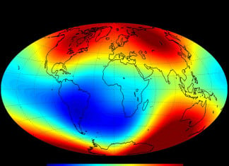 swarm reveals earth changing magnetism, earth magnetism is changing, earth magnetism is weakening, are earth poles about to flip, earth magnetic poles flip, catastrophism: are earth poles about to flip, june 2014: earth electromagnetism is getting weaker, Earth's Electromagnetic Field Is Weakening, Weakening magnetic field, earth's magnetic field is weakening, weaker earth magnetic field, The Magnetic field strength across the planet June 2014. Photo: EST/ DTU, The first set of high-resolution results from ESA’s three-satellite Swarm constellation reveals the most recent changes in the magnetic field that protects our planet, Earth's magnetic field, Earth's magnetic field change, weaker Earth's magnetic field, The Earth's magnetic field which protects us from radiation from space is getting weaker, space radiation protection weaker,