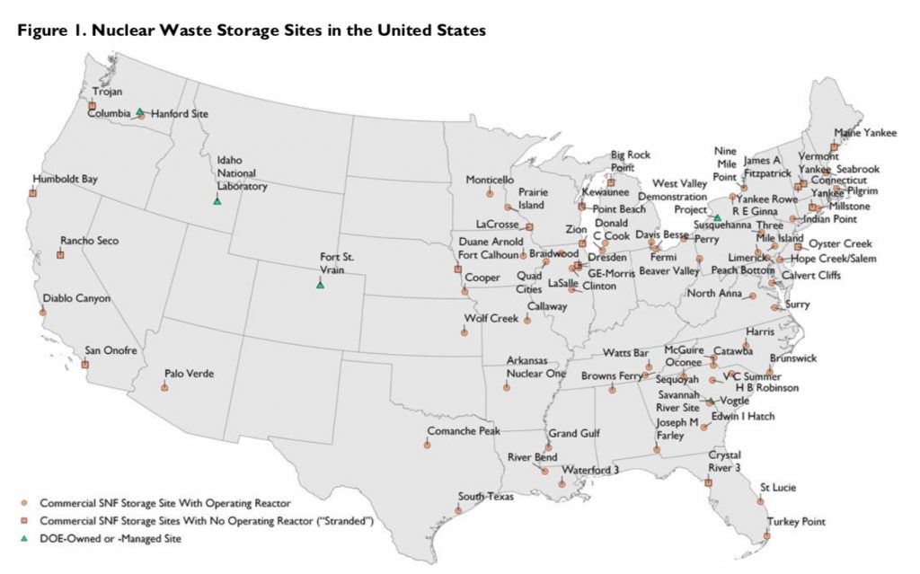 nuclear waste storage sites in the US, Map of the nuclear waste storage sites in the US