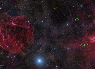 Fast radio burst alien signal Aricebo Telescope july 2014, The First fast radio bursts in the northern hemisphere were captured by the Aricebo Telescope and deepens astrophysics mystery. This image presents the area in the constellation Auriga where the fast radio burst FRB 121102 (green circle) has been detected. Image: Rogelio Bernal Andreo, signals and sparks from outer space, ufo communication, alien signals, mysterious and new alien signals, mysterious signals from outer space, fast signal from outer space, new discovery of fast radio burst in northern hemisphere, scientists deepens astrophysics mystery with discovery of first fast radio burst in northern hemisphere, mysterious alien signal, alien signal from outer space, First Fast Radio Burst Discovered in the Arecibo Pulsar ALFA Survey, Radio-burst discovery deepens astrophysics mystery, intergalactic radio bursts, Space Mystery: Alien Fast Radio Bursts Deepens Astrophysics Mystery, Space Mystery: Alien Fast Radio Bursts Deepens Astrophysics Mystery. First Fast Radio Burst Discovered in the Arecibo Pulsar ALFA Survey,