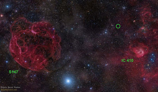 Fast radio burst alien signal Aricebo Telescope july 2014, The First fast radio bursts in the northern hemisphere were captured by the Aricebo Telescope and deepens astrophysics mystery.   This image presents the area in the constellation Auriga where the fast radio burst FRB 121102 (green circle) has been detected. Image: Rogelio Bernal Andreo, signals and sparks from outer space, ufo communication, alien signals, mysterious and new alien signals, mysterious signals from outer space, fast signal from outer space, new discovery of fast radio burst in northern hemisphere, scientists deepens astrophysics mystery with discovery of first fast radio burst in northern hemisphere, mysterious alien signal, alien signal from outer space, First Fast Radio Burst Discovered in the Arecibo Pulsar ALFA Survey, Radio-burst discovery deepens astrophysics mystery, intergalactic radio bursts, Space Mystery: Alien Fast Radio Bursts Deepens Astrophysics Mystery, Space Mystery: Alien Fast Radio Bursts Deepens Astrophysics Mystery. First Fast Radio Burst Discovered in the Arecibo Pulsar ALFA Survey, 