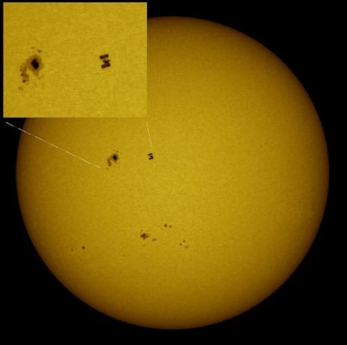solar storm, earth-directed cme, solar flare september 10 2014, solar storm september 10 2014, CME september 10 2014, latest solar storm september 2014, earth-directed solar storm september 2014, video solar storm september 10 2014, Yesterday a dark winged form flew across the face of the sun. It was the International Space Staton (ISS) having a close encounter with active sunspot AR2158. Photo: Space Weather, solar storm, solar flare, aurora, northern lights, cme, earth-directed cme, video