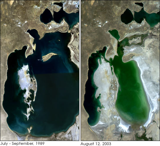 The Aral sea between 1989 and 2003. The Lake has lost more than 10% of its surface. Photo: Nasa Earth Observatory, aral sea, aral sea photo, aral sea desertification, aral sea desertification, aral sea irrigation