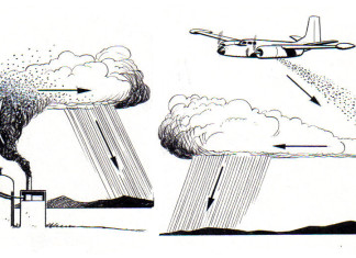 cloud seeding, cloudseeding, weather modification, chemtrails, drone cloud seeding, drought cloud seeding, This image explaining cloud seeding shows the chemical either silver iodide or dry ice being dumped onto the cloud, which then becomes a rain shower. The process shown in the upper-right is what is happening in the cloud and the process of condensation to the introduced chemicals.