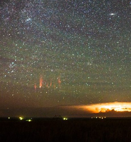 red sprite, red sprite photo, gravity waves, gravity waves photo, green gravity waves, greend gravity waves photo, Amazing picture showing a thunderstorm complex, a red sprite, air glow gravity waves, Andromeda Galaxy and many stars over South Dakota by Tom A. Warner, airglow, airglow photo, space phenomena, space weather phenomena
