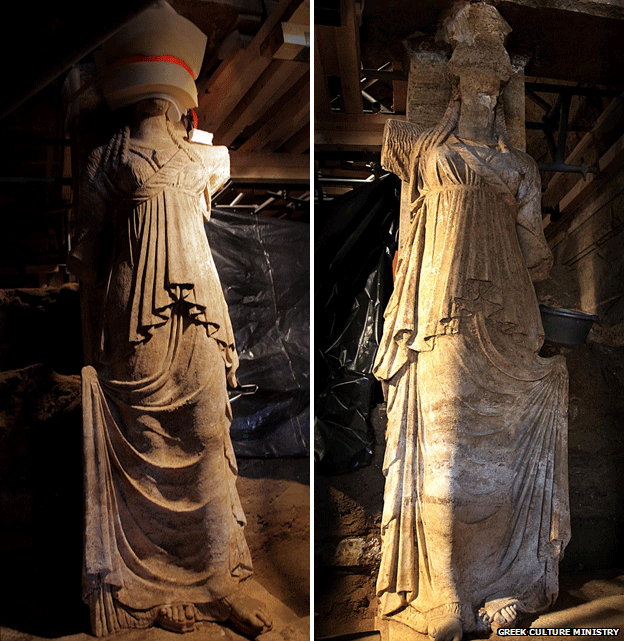 ALEXANDER THE GREAT TOMB - caryatids, caryatids photo tomb amphipolis, ALEXANDER THE GREAT TOMB, Alexander the Great Tomb photo, tomb amphipolis, tomb amphipolis photo, is this the tomb of alexander the great, tomd of alexander the great discovered in Greece, The entrance of the supposedly Alexander the Great Tomb at Amphipolis