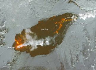 bardarbunga volcano, Growth of the Holuhraun Lava Field, bardarbunga volcano january 2015, Spectacular video and images of world's largest lava field in 200 years in iceland, Holuhraun lava field had spread across more than 84 square kilometers (32 square miles)