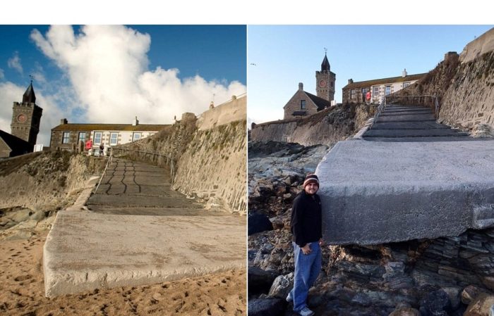 The dramatic before and after photos show just how bad the erosion was, with sands completely washed away by tides in Porthleven, PORTHLEVEN SAND BEACH, Freak high tide washes away all the sand on Porthleven beach, Porthleven beach sand disappears overnight, no sand on Porthleven beach, Porthleven sand washed away overnight, high tide freak phenomenon