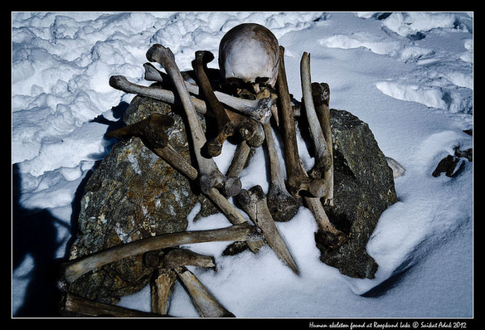 roopkund lake mystery, Skulls and bones at Roopkund lake, bones and skully at roopkund lake, mysterious roopkund lake mystery, roopkund lake mystery debunked, skeleton laky mystery solved, hundreds of people killed by hail storm at roopkund lake, 