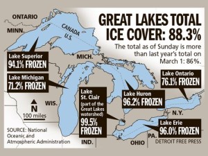 ice cover great lakes march 2015, huge ice cover great lakes, great lakes ice cover 2015, freezing temperatures ice cover great lakes 2015
