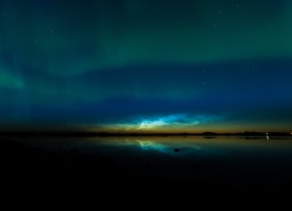 noctilucent cloud aurora, The neon blue noctilucent clouds with green aurora. Photo: Harlan Thomas, noctilucent cloud and aurora, noctilucent cloud aurora photo, noctilucent cloud aurora picture, best noctilucent cloud aurora picture, canada noctilucent cloud with aurora, noctilucent cloud and aurora glow together
