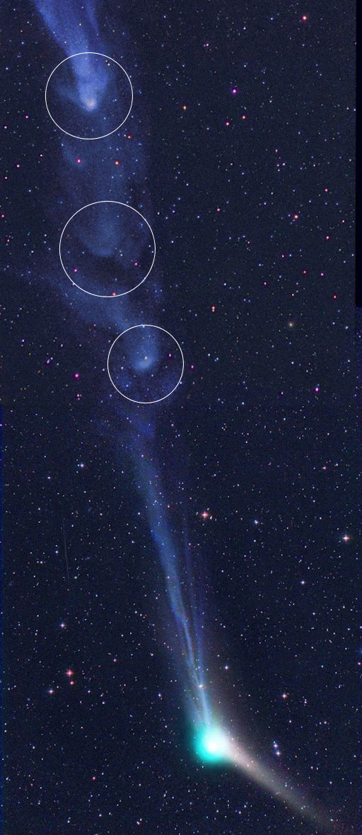comet catalina, comet catalina magnetic storm picture, comet catalina magnetic storm, magnetic storm comet catalina, catalina magnetic storm pictures, giant orbs comet catalina tail, This plasma blob form as a result of magnetic storms on the tail of Comet Catalina