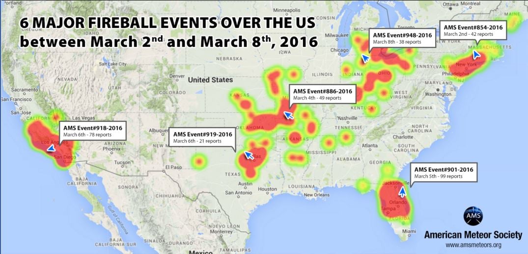 increased fireball activity march 2016, fireball activity increases in march 2016, massive increase in fireball activity march 2016, fireball events increase us, us fireball events increase march 2016, 6 major fireball events March 2016, While March is known for being quiet, 6 major meteor events have lit up the US sky. And nobody knows why. So What is going on wih all these meteor showers?, Rate of meteor fireballs over US so far in 2016 is DOUBLE that of 2015