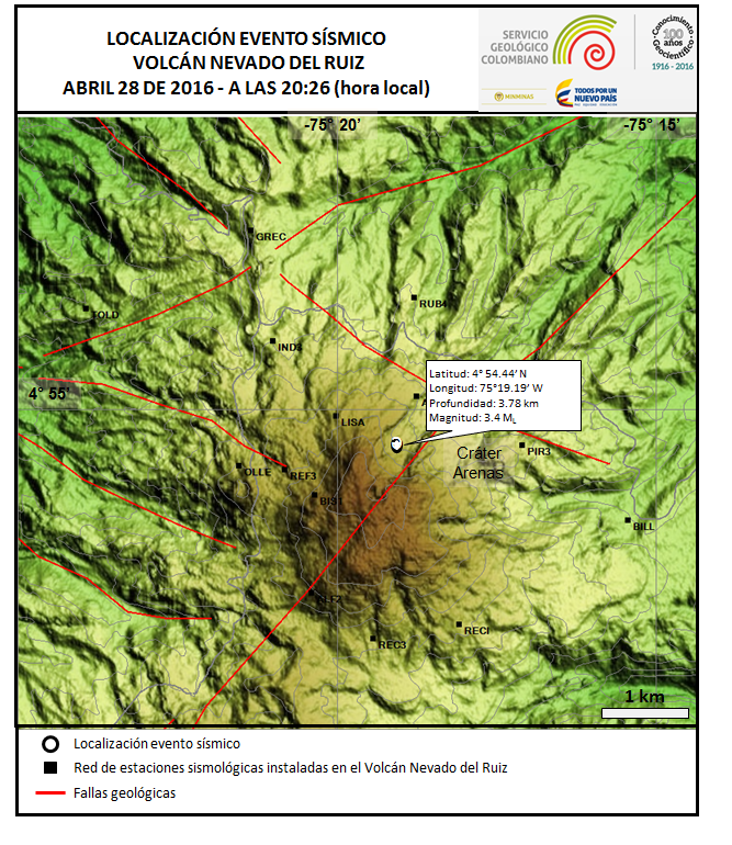 nevado del Ruiz increased seismic activity april 30 2016 2, nevado del ruiz volcano seismic activity, colombia volcano eruption april 29 2016, increased seismic activity nevado del ruiz colombia april 29 2016
