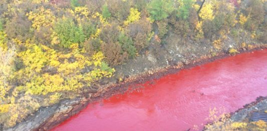 blood red river russia, mysterious blood red river russia, unexplained blood red river russia, blood red river norilsk russia, blood red river russia september 2016, blood red river arctic russia 2016