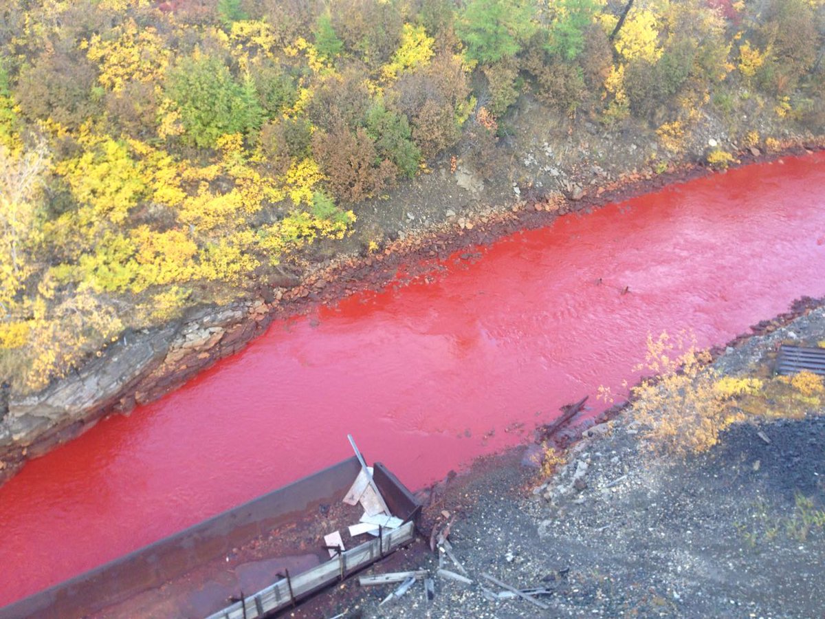 blood red river russia, mysterious blood red river russia, unexplained blood red river russia, blood red river norilsk russia, blood red river russia september 2016, blood red river arctic russia 2016