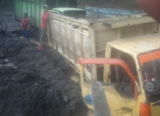 Lahar buries nine trucks at Merapi Volcano, Indonesia on October 27, 2016.
