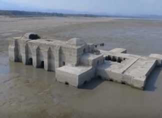 submerged church revealed by drought in Mexico video, Drone captures submerged 16th century church revealed by drought in Mexico, submerged church mexico drought