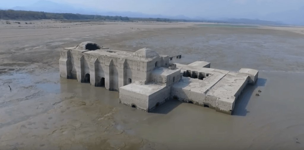 submerged  church revealed by drought in Mexico video, Drone captures submerged 16th century church revealed by drought in Mexico, submerged church mexico drought