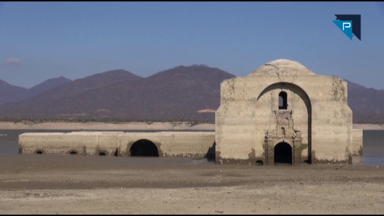 submerged  church revealed by drought in Mexico video, Drone captures submerged 16th century church revealed by drought in Mexico, submerged church mexico drought