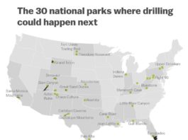 us national park oil gas wells map, 42 national parks with oil and gas well, fracking national park, 42 us national park fracking, There are currently more than 500 active oil and gas wells spread across 12 national parks, as you can see in the map below. In 2015, drilling on federal lands made up nearly a fifth of overall US production,