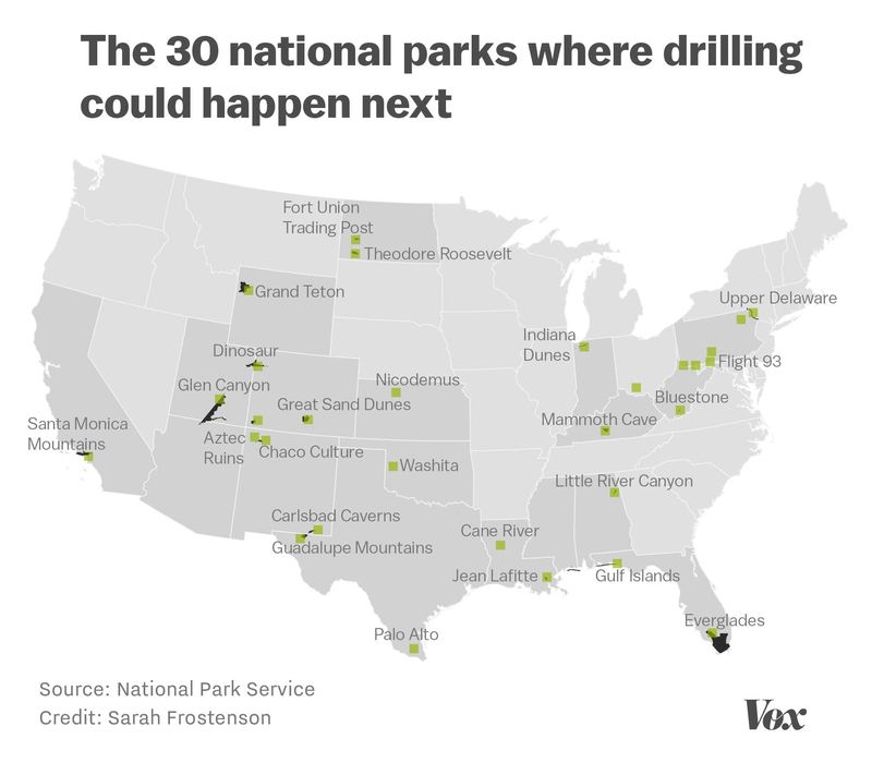 us national park oil gas wells map, 42 national parks with oil and gas well, fracking national park, 42 us national park fracking, There are currently more than 500 active oil and gas wells spread across 12 national parks, as you can see in the map below. In 2015, drilling on federal lands made up nearly a fifth of overall US production, 