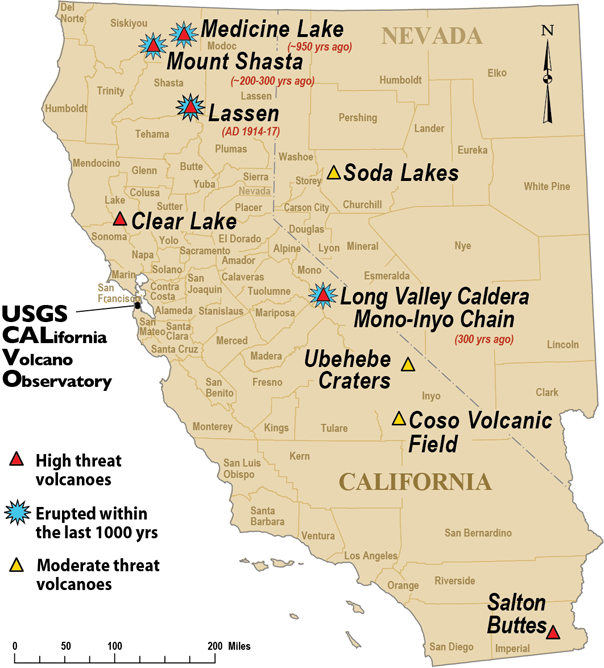 california volcanoes, volcanoes in california, Map showing the volcanoes in California, 