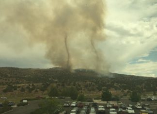 two smoke tornadoes nevada, two fire tornado elko fire nevada, smoke vortex elko usa, These two wildfire smoke tornadoes were captured by Kevin Dinwiddie on September 17th above Elko, Nevada, as the E fire continues burning., elko nevada fires, wildfire elko nevada september 2017