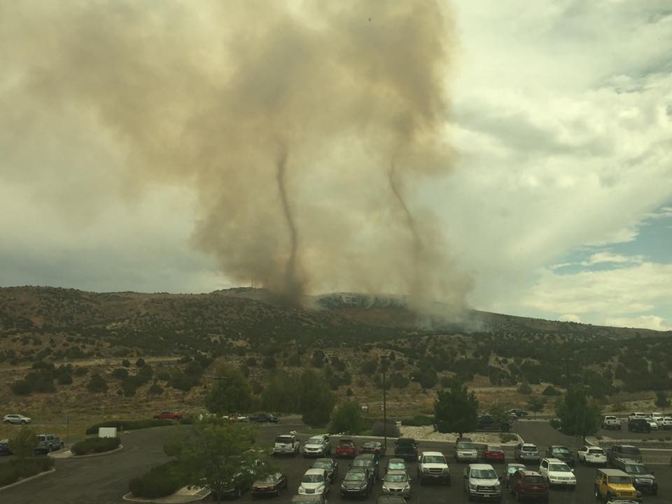 2 fire tornadoes elko fire nevada, two smoke tornadoes nevada, two fire tornado elko fire nevada, smoke vortex elko usa, These two wildfire smoke tornadoes were captured by Kevin Dinwiddie on September 17th above Elko, Nevada, as the E fire continues burning., elko nevada fires, wildfire elko nevada september 2017