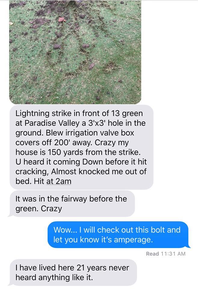 lightning storm, lightning storm arkansas pictures, lightning storm arkansas videos, Lightning strike hits the ground and digs hole in Golf club in Paradise Valley Arkansas