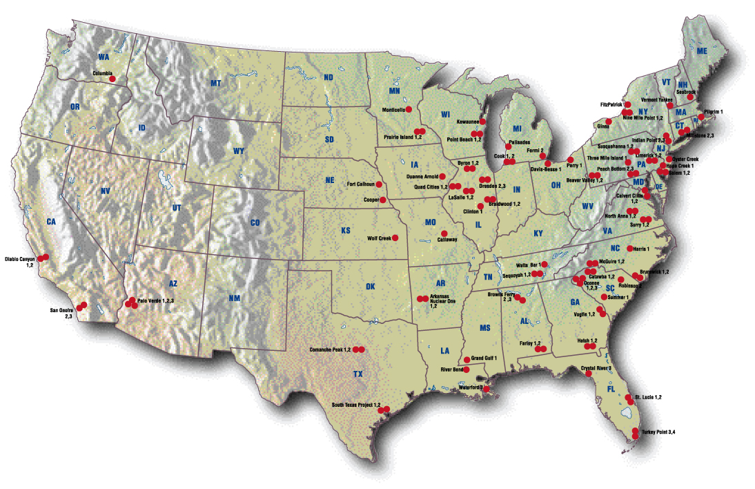 nuclear power plants usa map, Map showing the nuclear power plants in the USA