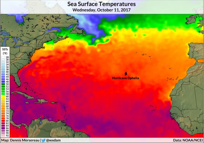 Hurricane Ophelia is a weird storm, hurricane ophelia update, Sea surface temperature Atlantic Ocean; Hurricane Ophelia