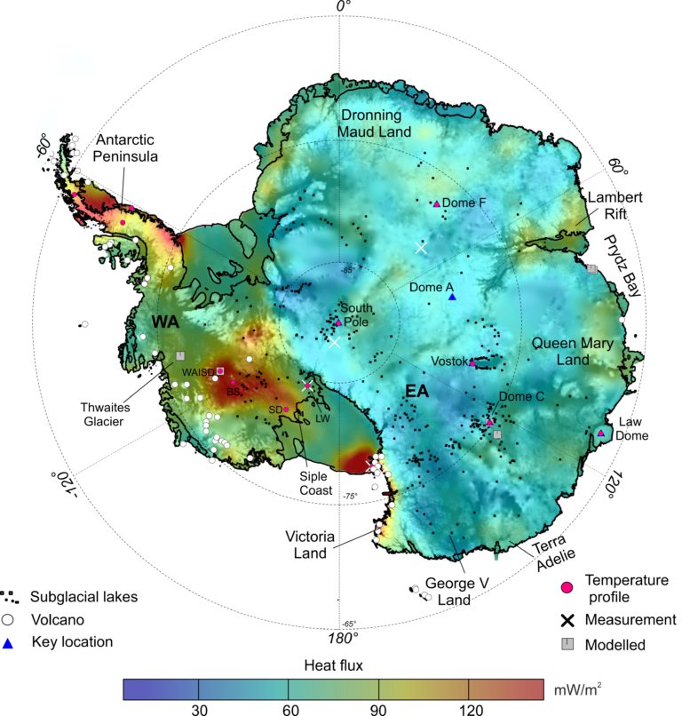 antarctica heat flux map, This new Antarctic heat map reveals sub-ice hotspots