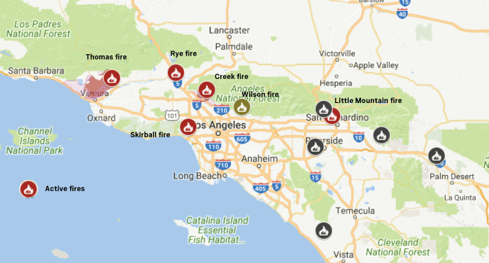 wildfire southern california, wildfires map southern california december 2017, Map of wildfires currently burning across Southern California