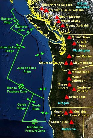 Juan de Fuca Triple Junctions and the Cascade Volcanic Arc, 2 earthquakes (M4.0 and M4.3) hit off Vancouver Island along the Cascadia Fault Zone on January 14 2018, 2 earthquakes (M4.0 and M4.3) hit off Vancouver Island along the Cascadia Fault Zone on January 14 2018 map