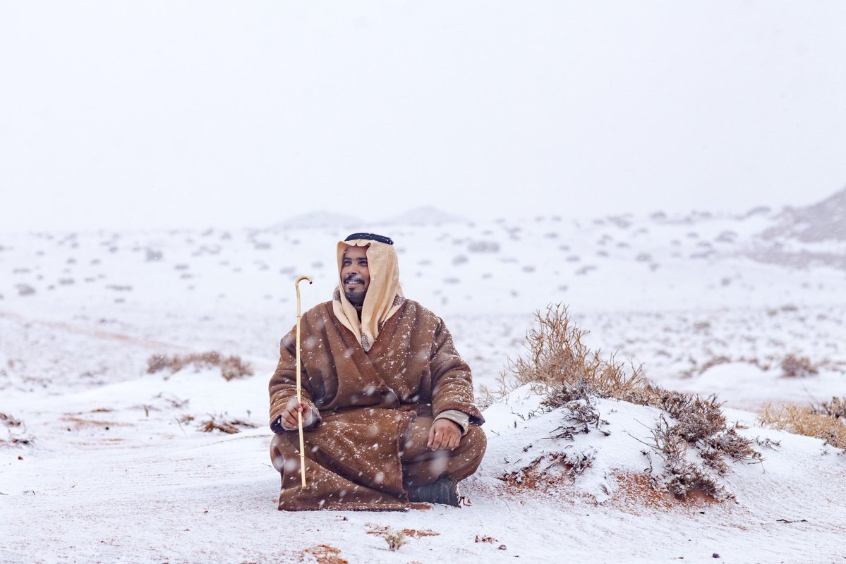 Snowfall in the northwest of Saudi Arabia covers desert in white