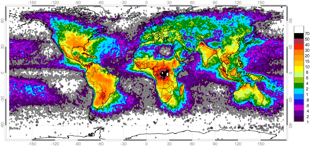 Map showing worldwide lightning strikes, lightning map