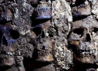 tower human skulls aztec mexico city