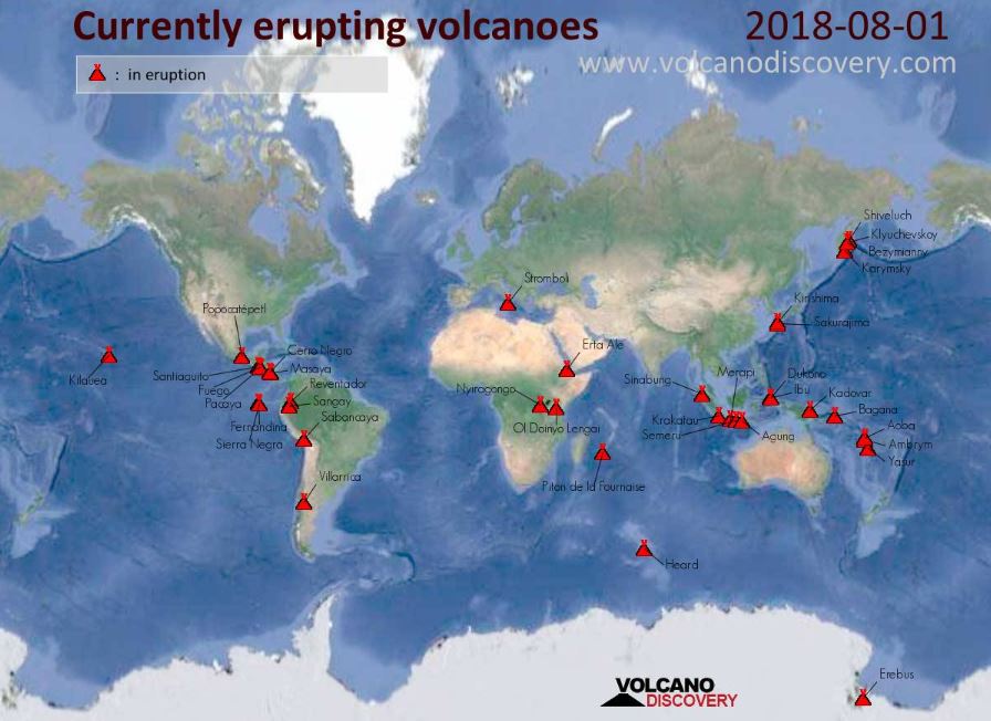 Map of the currently erupting volcanoes around the world, Map of the currently erupting volcanoes around the world august 2018, Map of the currently erupting volcanoes around the world aug 1 2018