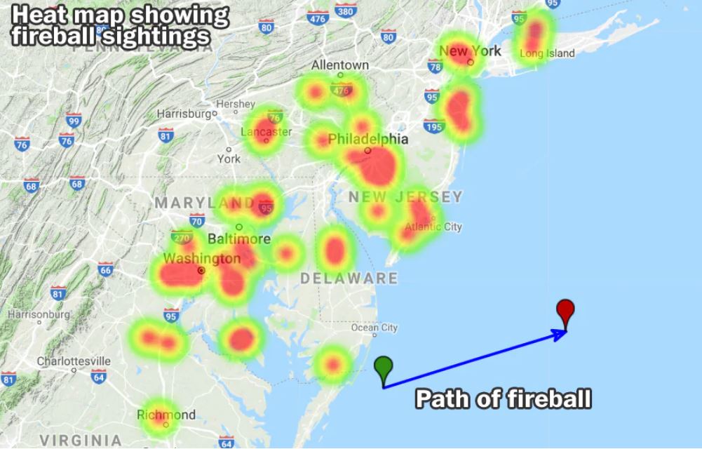 Two bright fireballs illuminate East coast of USA from Washington DC to New York on December 10, 2018, usa fireball, us fireball reports, two bright fireballs washington new york