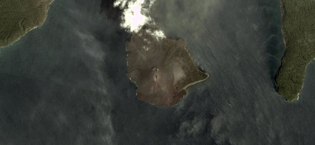 anak krakatau Erupting volcano now a quarter of its original size, Before and after pictures of Anak Krakatau eruption,