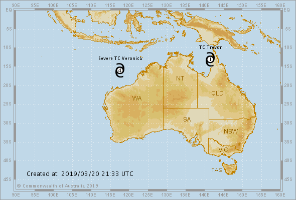tropical cyclone veronica march 2019, tropical cyclone veronica and trevor march 2019 map